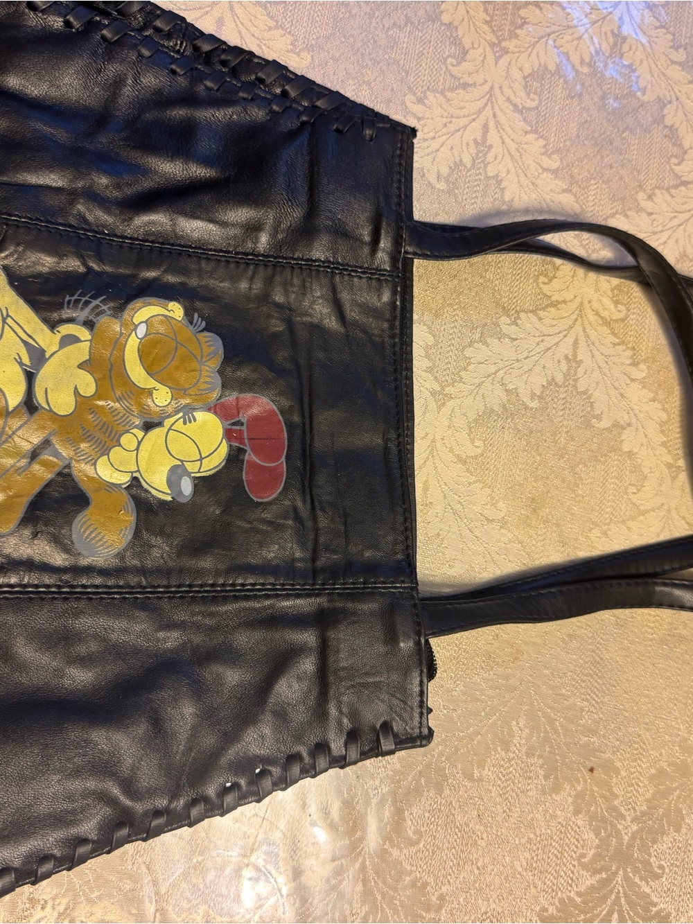 Vintage Black Leather Patchwork Garfield Pooky Shoulder Bag Whipstitch 13x9